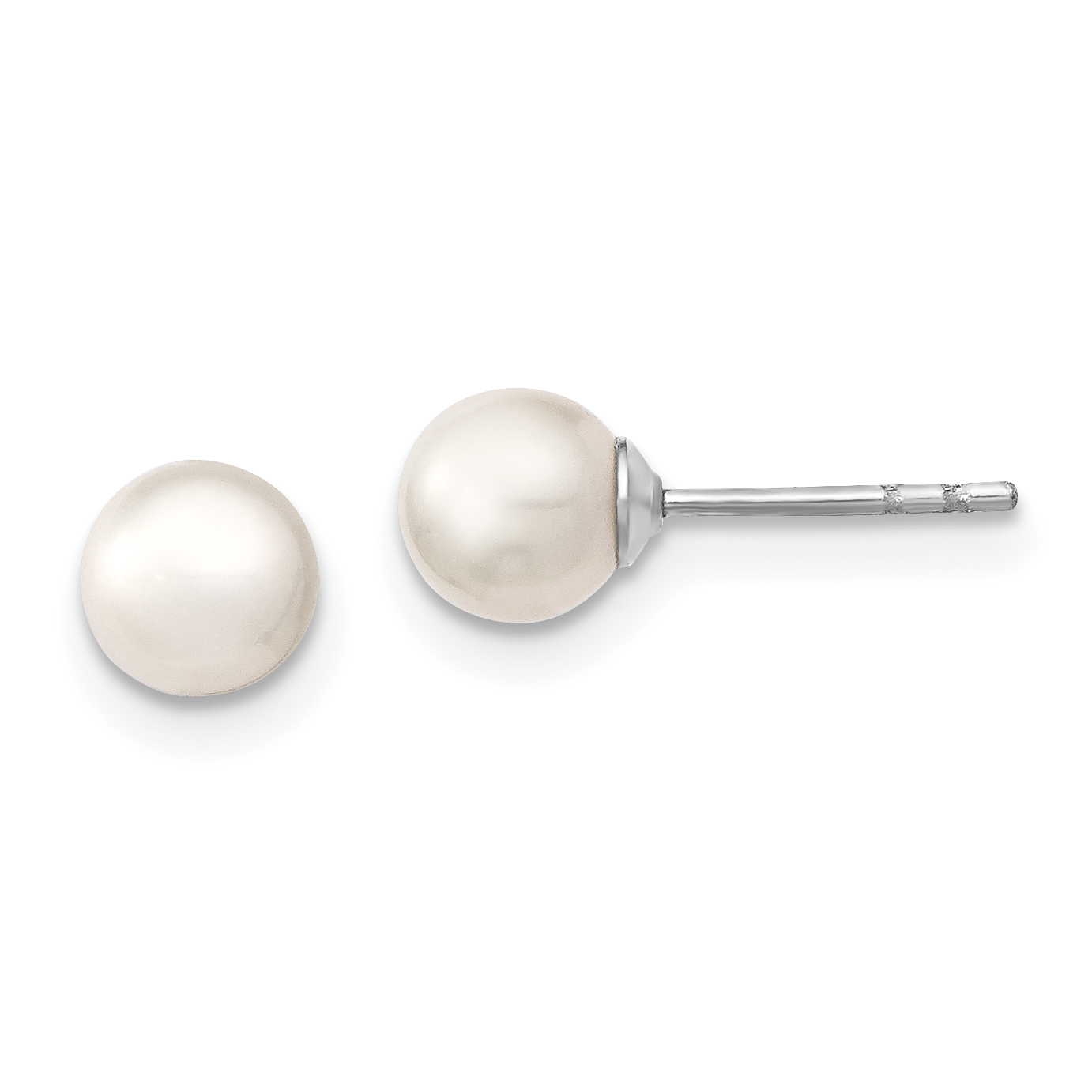 Sterling Silver Rhodium-plated 5-6mm White Round Freshwater Cultured Pearl Post Earrings (QE12732)