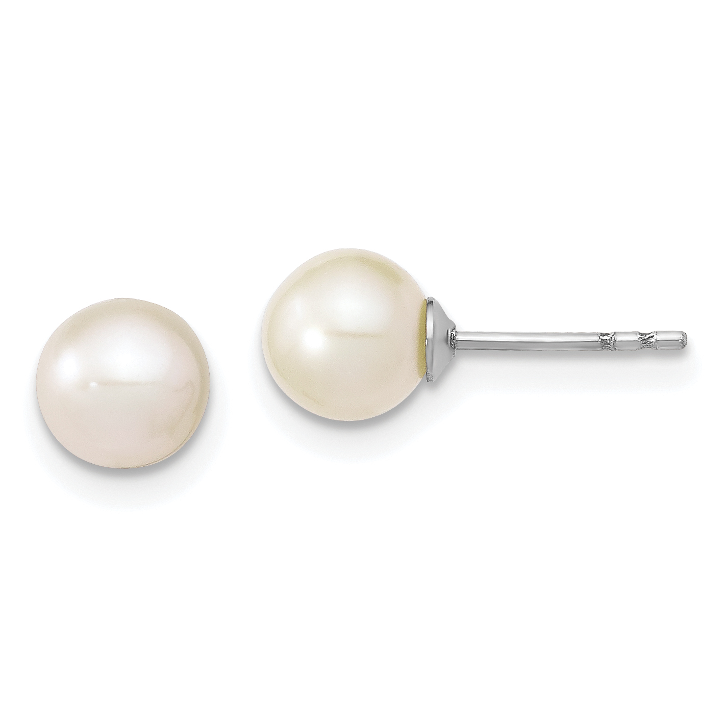 Sterling Silver Rhodium-plated 6-7mm White Round Freshwater Cultured Pearl Post Earrings (QE12733)