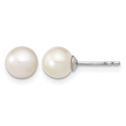 Sterling Silver Rhodium-plated 6-7mm White Round Freshwater Cultured Pearl Post Earrings