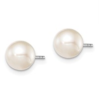 Sterling Silver Rhodium-plated 7-8mm White Round Freshwater Cultured Pearl Post Earrings view 2
