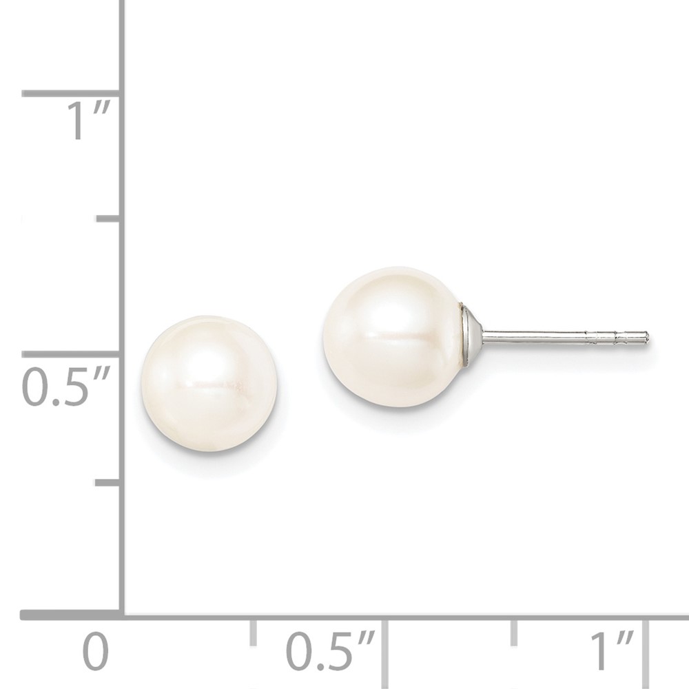 Sterling Silver Rhodium-plated 7-8mm White Round Freshwater Cultured Pearl Post Earrings (QE12734)