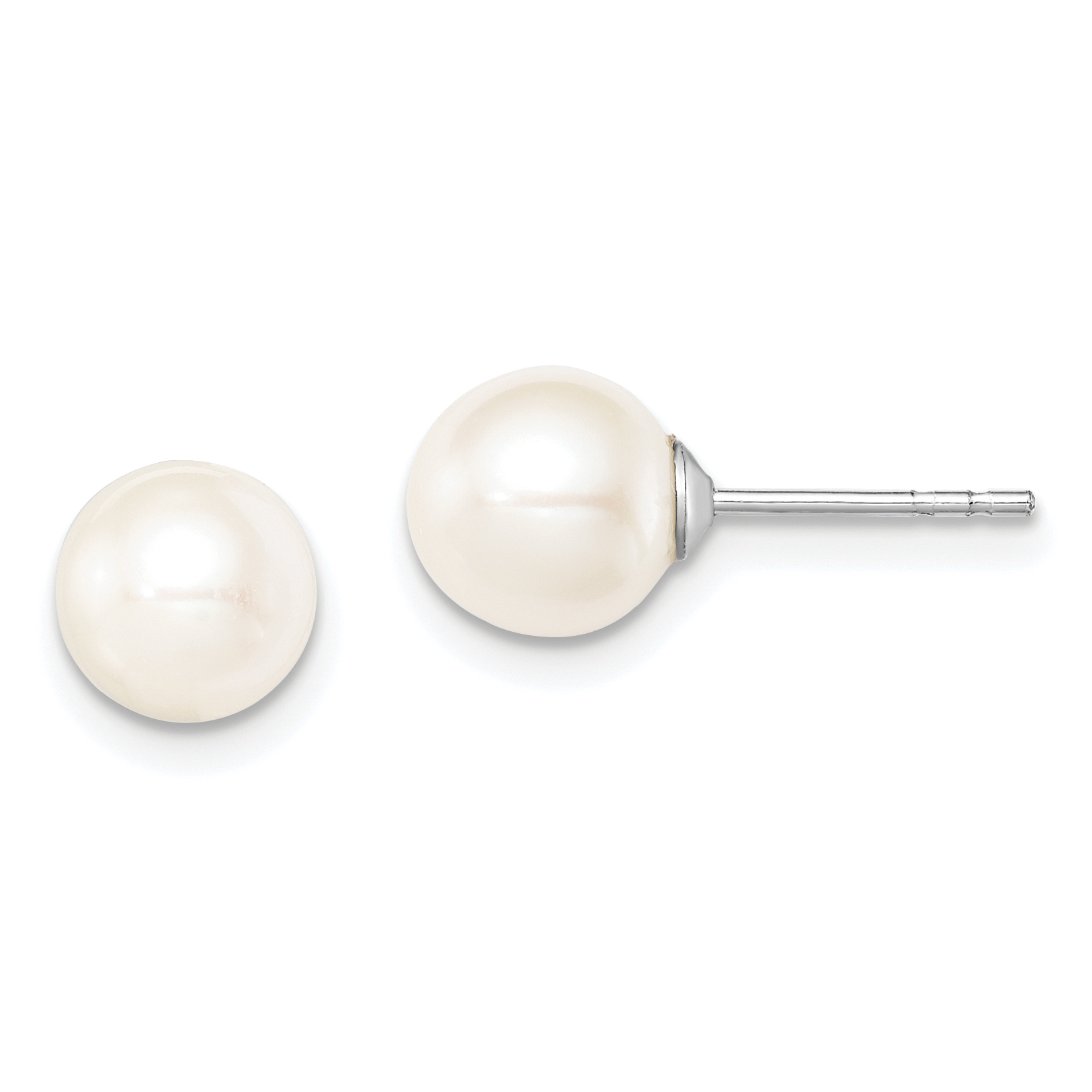 Sterling Silver Rhodium-plated 7-8mm White Round Freshwater Cultured Pearl Post Earrings (QE12734)