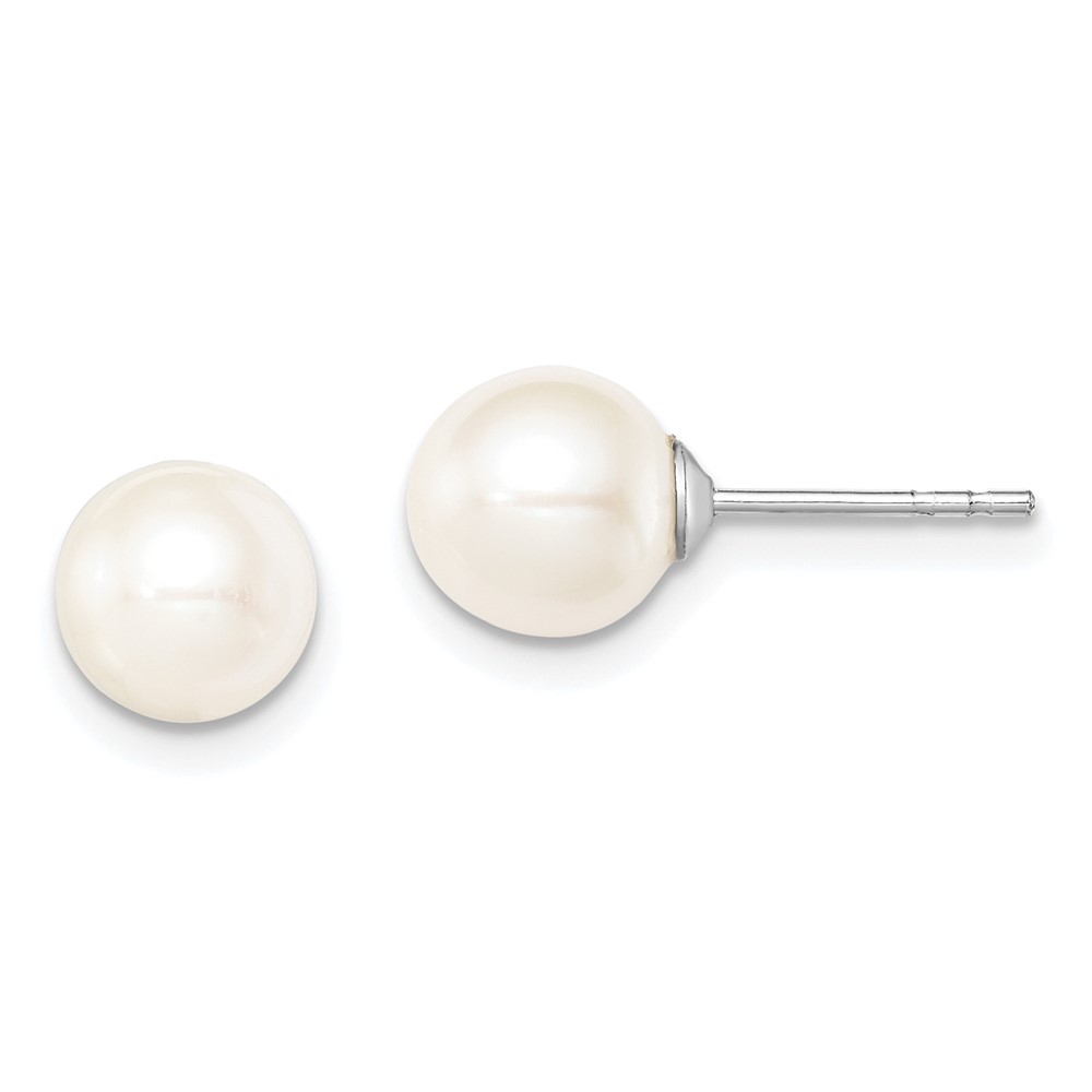 Sterling Silver Rhodium-plated 7-8mm White Round Freshwater Cultured Pearl Post Earrings (QE12734)