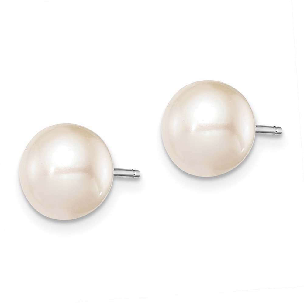 Sterling Silver Rhodium-plated 8-9mm White Round Freshwater Cultured Pearl Post Earrings (QE12735)