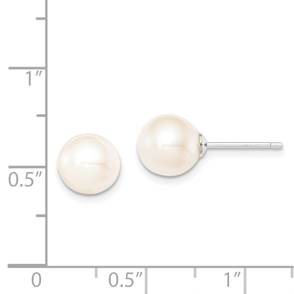 Sterling Silver Rhodium-plated 8-9mm White Round Freshwater Cultured Pearl Post Earrings (QE12735)