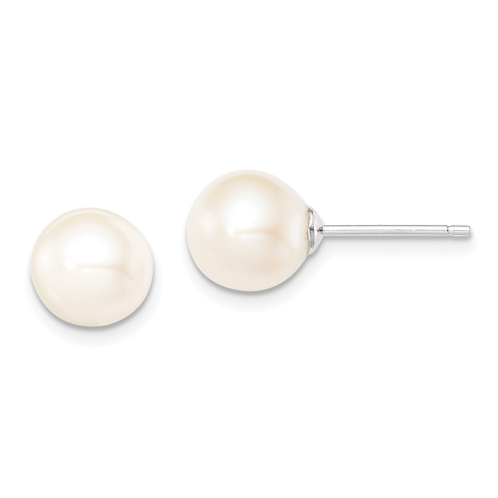 Sterling Silver Rhodium-plated 8-9mm White Round Freshwater Cultured Pearl Post Earrings (QE12735)