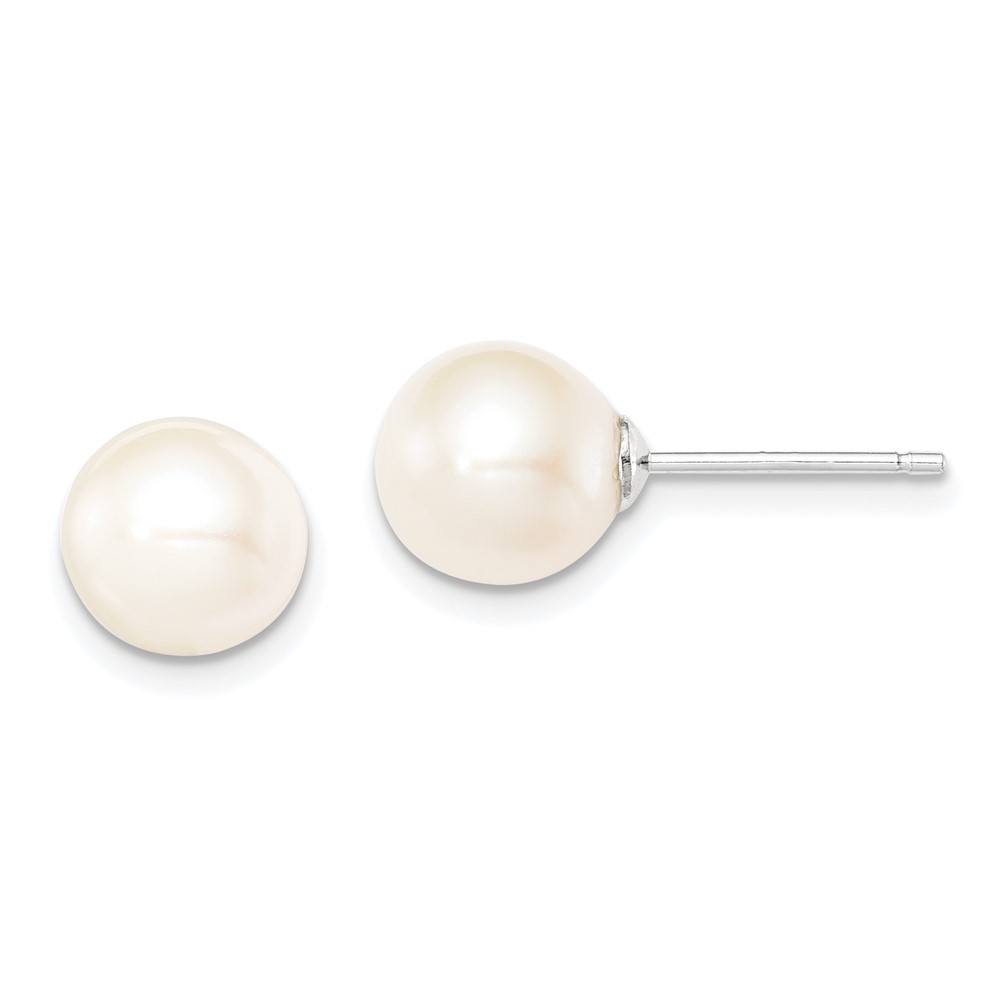 Sterling Silver Rhodium-plated 8-9mm White Round Freshwater Cultured Pearl Post Earrings (QE12735)