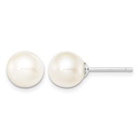 Sterling Silver Rhodium-plated 8-9mm White Round Freshwater Cultured Pearl Post Earrings view 1