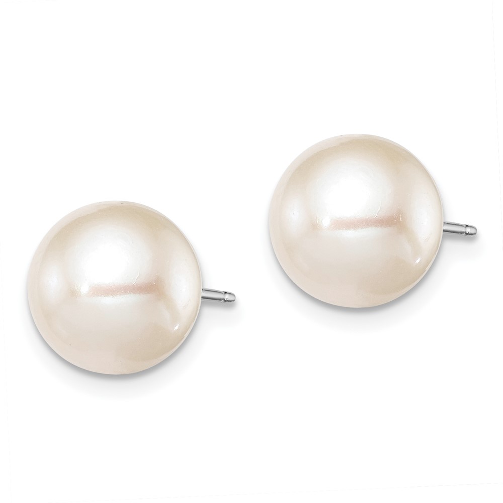 Sterling Silver Rhodium-plated 9-10mm White Round Freshwater Cultured Pearl Post Earring (QE12736)