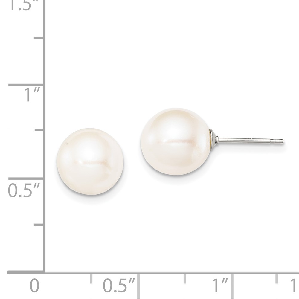 Sterling Silver Rhodium-plated 9-10mm White Round Freshwater Cultured Pearl Post Earring (QE12736)