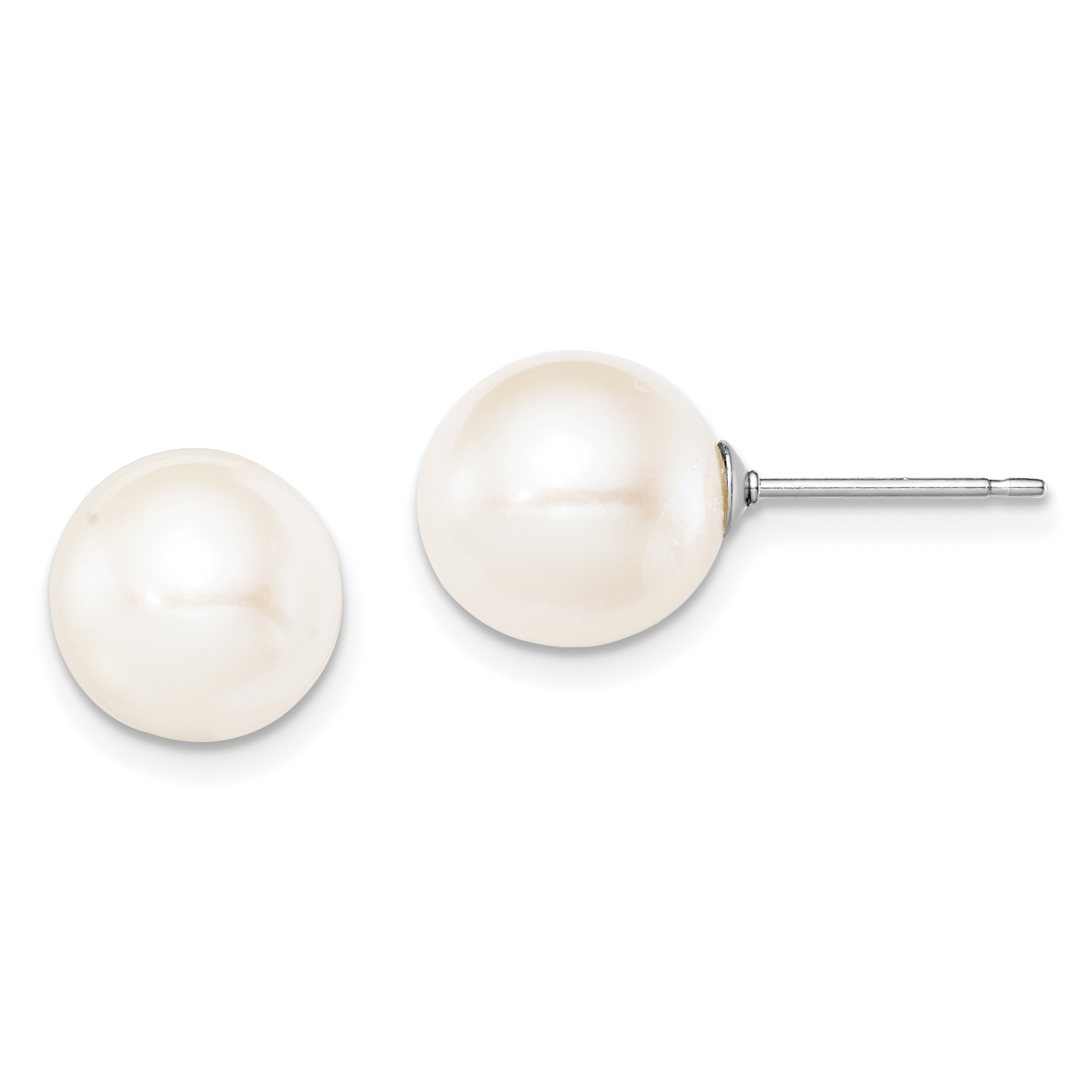 Sterling Silver Rhodium-plated 9-10mm White Round Freshwater Cultured Pearl Post Earring (QE12736)