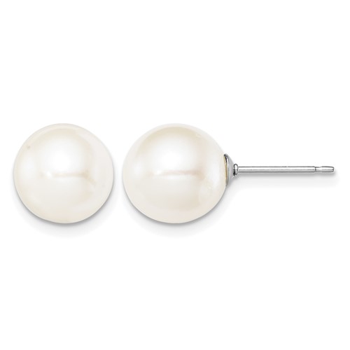 Sterling Silver Rhodium-plated 9-10mm White Round Freshwater Cultured Pearl Post Earring