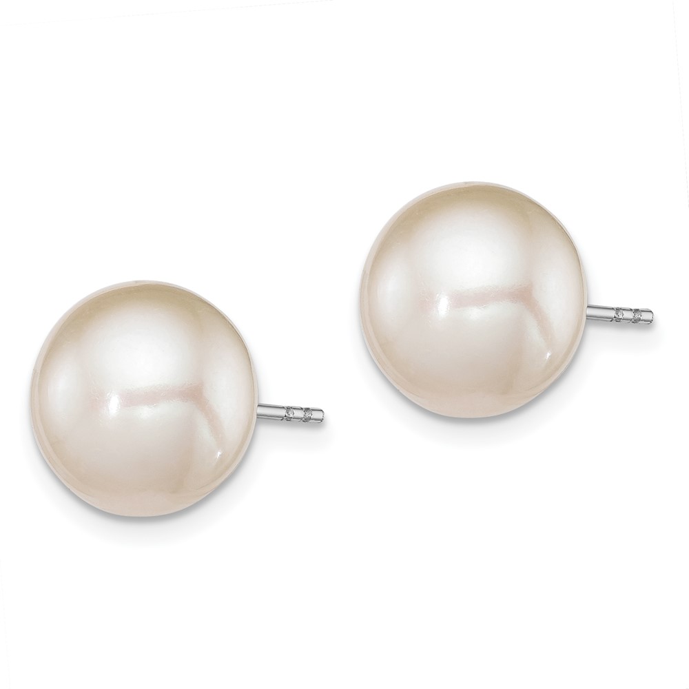 Sterling Silver Rhodium-plated 10-11mm White Round Freshwater Cultured Pearl Post Earrings (QE12737)
