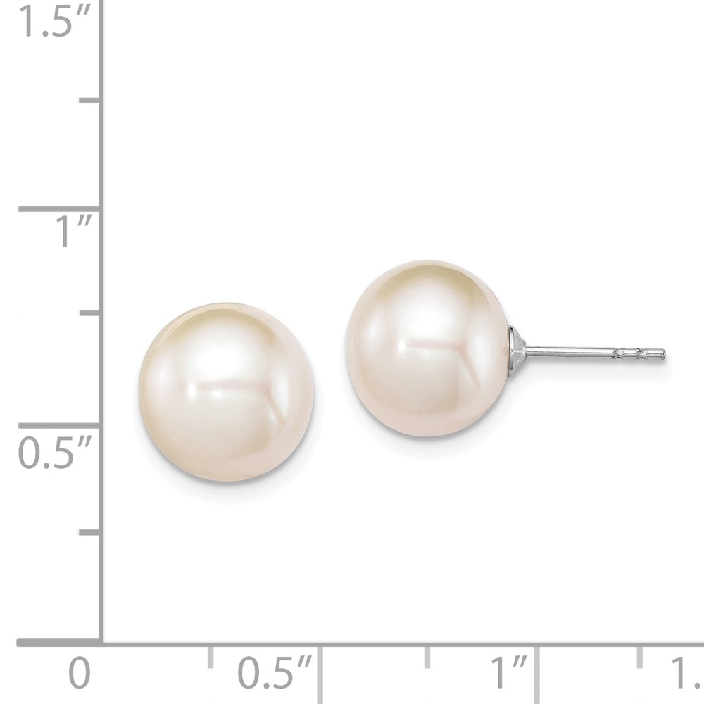 Sterling Silver Rhodium-plated 10-11mm White Round Freshwater Cultured Pearl Post Earrings (QE12737)