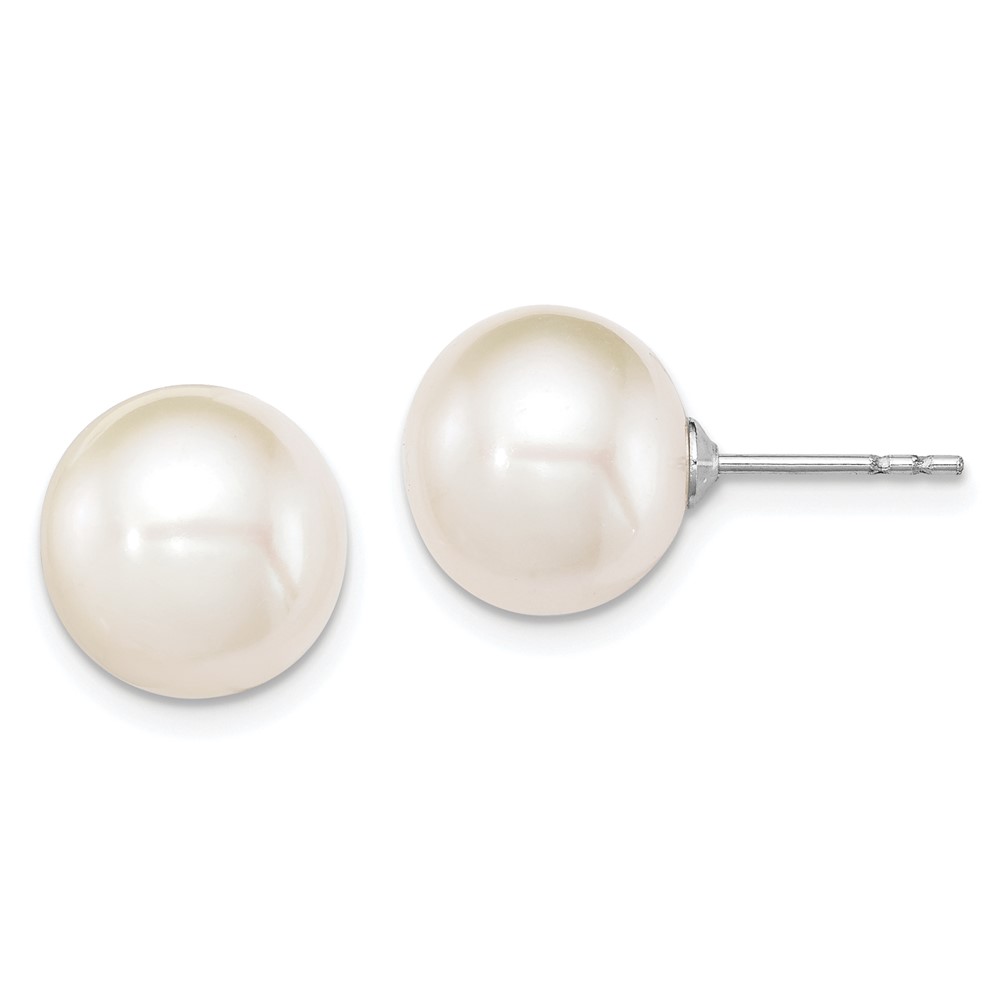 Sterling Silver Rhodium-plated 10-11mm White Round Freshwater Cultured Pearl Post Earrings (QE12737)