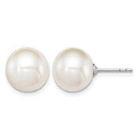 Sterling Silver Rhodium-plated 10-11mm White Round Freshwater Cultured Pearl Post Earrings view 1