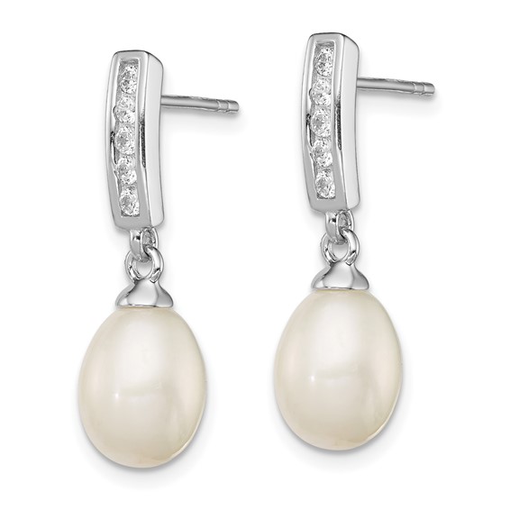 Sterling Silver Rhodium-plated 8-9mm White Rice Freshwater Cultured Pearl and CZ Post Dangle Earrings