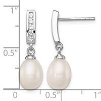 Sterling Silver Rhodium-plated 8-9mm White Rice Freshwater Cultured Pearl and CZ Post Dangle Earrings view 4