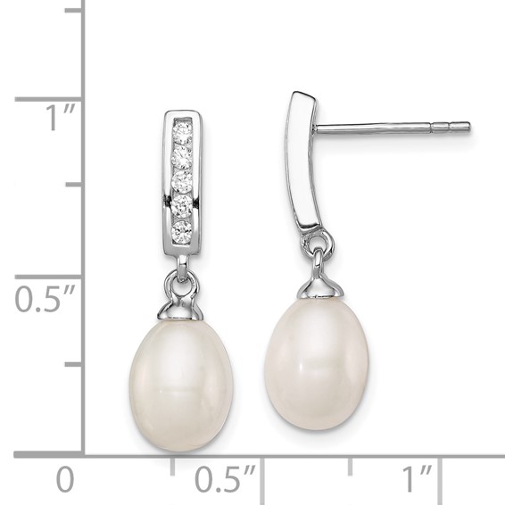 Sterling Silver Rhodium-plated 8-9mm White Rice Freshwater Cultured Pearl and CZ Post Dangle Earrings
