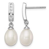 Sterling Silver Rhodium-plated 8-9mm White Rice Freshwater Cultured Pearl and CZ Post Dangle Earrings view 1