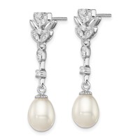 Sterling Silver Rhodium-plated 8-9mm White Teardrop Freshwater Cultured Pearl and CZ Post Dangle Earrings view 2