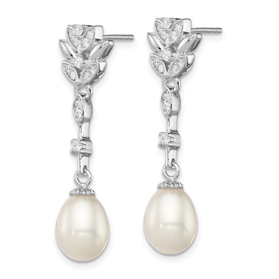 Sterling Silver Rhodium-plated 8-9mm White Teardrop Freshwater Cultured Pearl and CZ Post Dangle Earrings