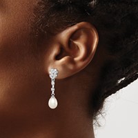 Sterling Silver Rhodium-plated 8-9mm White Teardrop Freshwater Cultured Pearl and CZ Post Dangle Earrings view 3