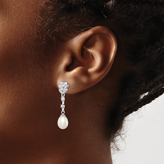Sterling Silver Rhodium-plated 8-9mm White Teardrop Freshwater Cultured Pearl and CZ Post Dangle Earrings