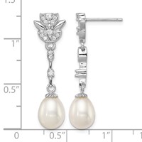 Sterling Silver Rhodium-plated 8-9mm White Teardrop Freshwater Cultured Pearl and CZ Post Dangle Earrings view 4