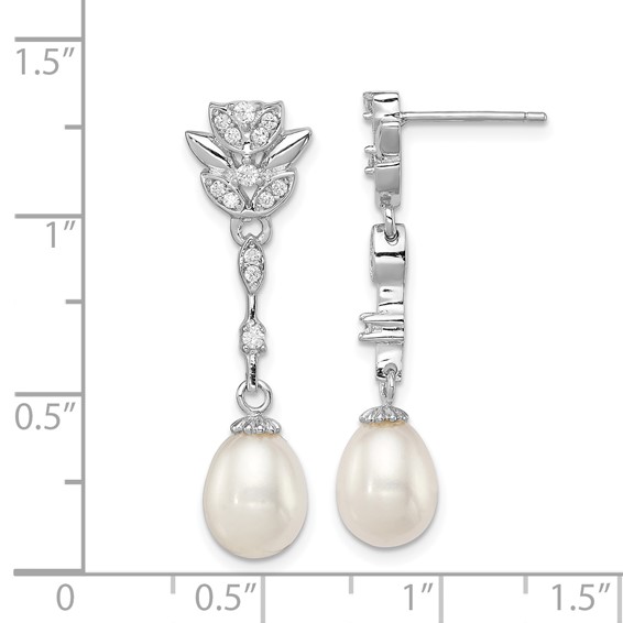 Sterling Silver Rhodium-plated 8-9mm White Teardrop Freshwater Cultured Pearl and CZ Post Dangle Earrings