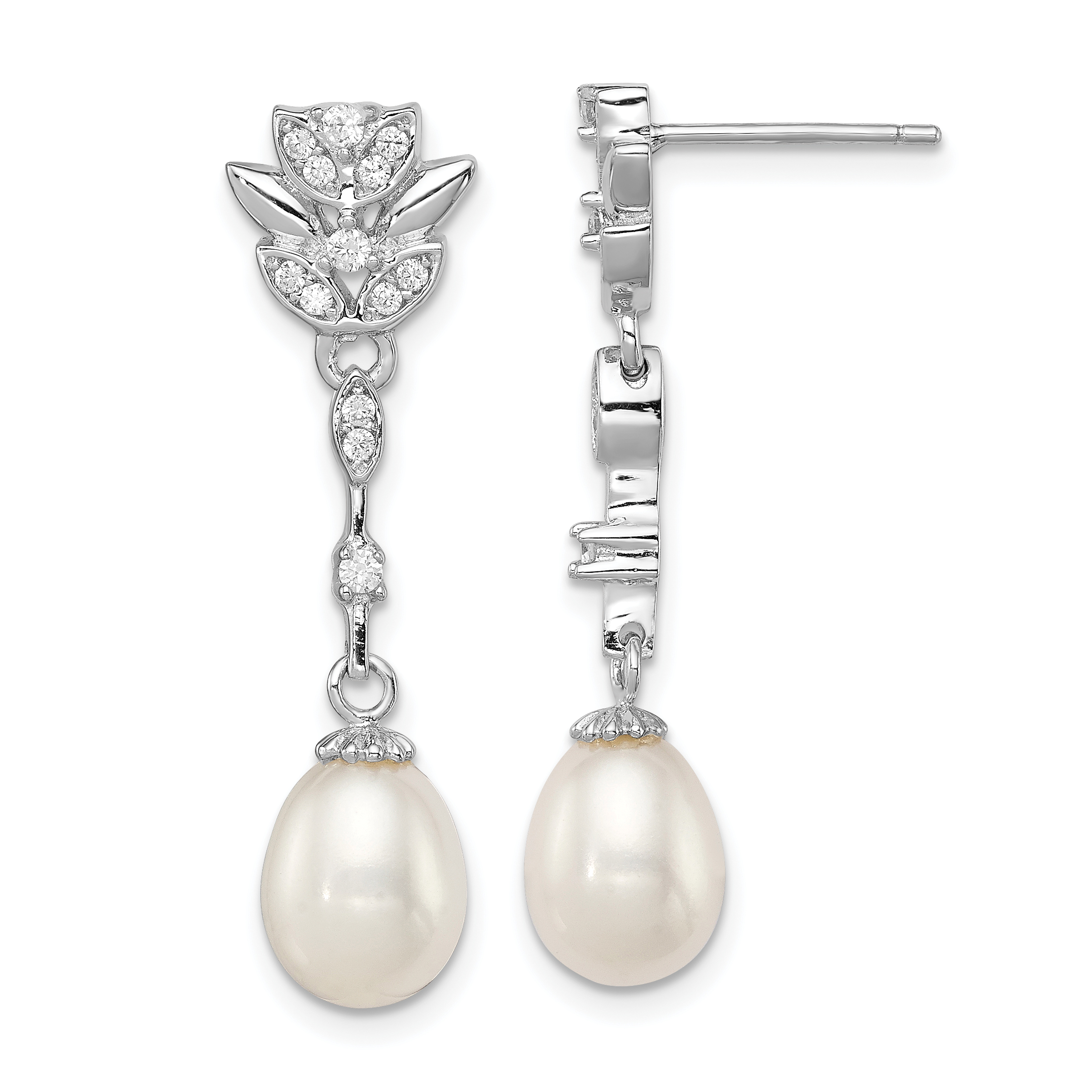 Sterling Silver Rhodium-plated 8-9mm White Teardrop Freshwater Cultured Pearl and CZ Post Dangle Earrings (QE12744)