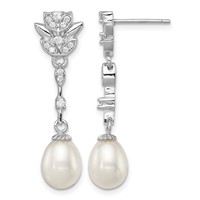 Sterling Silver Rhodium-plated 8-9mm White Teardrop Freshwater Cultured Pearl and CZ Post Dangle Earrings view 1
