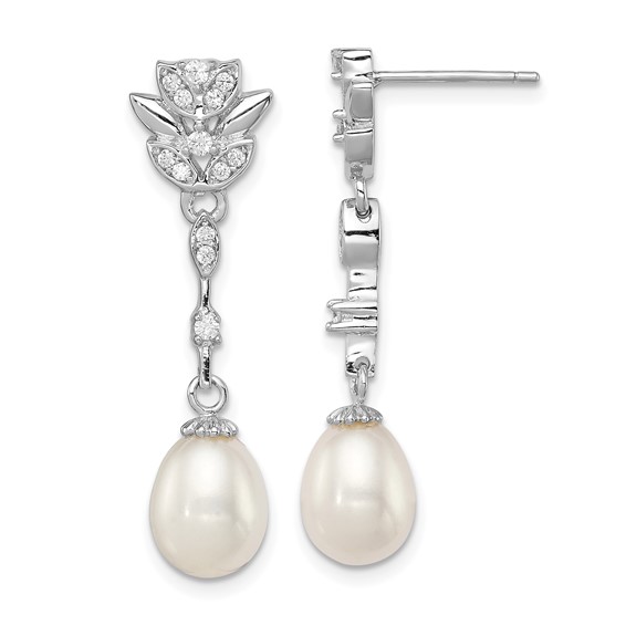 Sterling Silver Rhodium-plated 8-9mm White Teardrop Freshwater Cultured Pearl and CZ Post Dangle Earrings