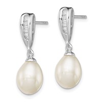 Sterling Silver Rhodium-plated 7-8mm White Rice Freshwater Cultured Pearl and CZ Post Dangle Earrings view 2
