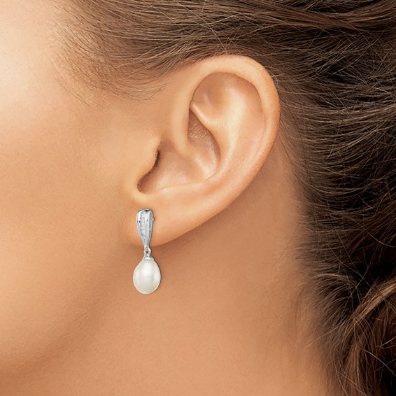 Sterling Silver Rhodium-plated 7-8mm White Rice Freshwater Cultured Pearl and CZ Post Dangle Earrings