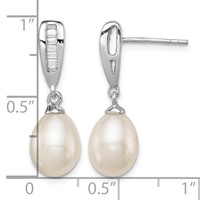 Sterling Silver Rhodium-plated 7-8mm White Rice Freshwater Cultured Pearl and CZ Post Dangle Earrings view 4