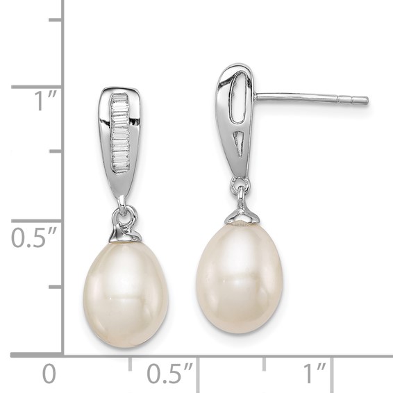 Sterling Silver Rhodium-plated 7-8mm White Rice Freshwater Cultured Pearl and CZ Post Dangle Earrings