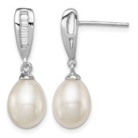 Sterling Silver Rhodium-plated 7-8mm White Rice Freshwater Cultured Pearl and CZ Post Dangle Earrings view 1