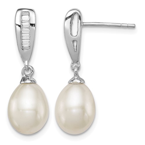 Sterling Silver Rhodium-plated 7-8mm White Rice Freshwater Cultured Pearl and CZ Post Dangle Earrings