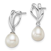 Sterling Silver Rhodium-plated 7-8mm White Rice Freshwater Cultured Pearl Post Dangle Earrings view 2