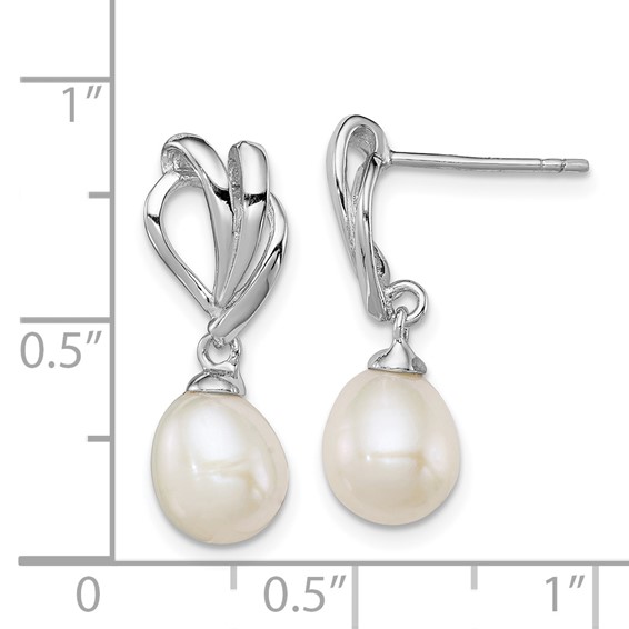 Sterling Silver Rhodium-plated 7-8mm White Rice Freshwater Cultured Pearl Post Dangle Earrings