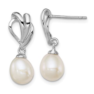 Sterling Silver Rhodium-plated 7-8mm White Rice Freshwater Cultured Pearl Post Dangle Earrings