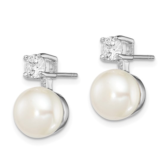 Sterling Silver Rhodium-plated 7-8mm White Button Freshwater Cultured Pearl and CZ Post Earrings