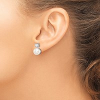 Sterling Silver Rhodium-plated 7-8mm White Button Freshwater Cultured Pearl and CZ Post Earrings view 3