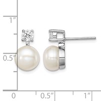 Sterling Silver Rhodium-plated 7-8mm White Button Freshwater Cultured Pearl and CZ Post Earrings view 4