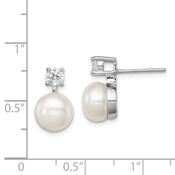 Sterling Silver Rhodium-plated 7-8mm White Button Freshwater Cultured Pearl and CZ Post Earrings