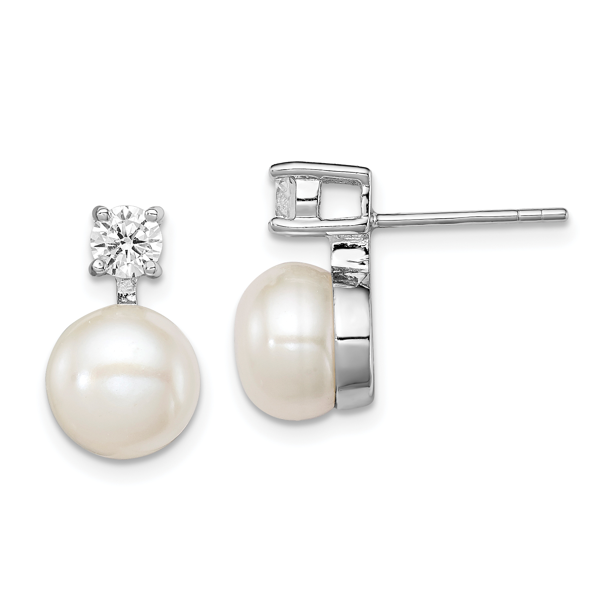 Sterling Silver Rhodium-plated 7-8mm White Button Freshwater Cultured Pearl and CZ Post Earrings (QE12750)