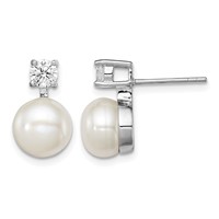 Sterling Silver Rhodium-plated 7-8mm White Button Freshwater Cultured Pearl and CZ Post Earrings view 1