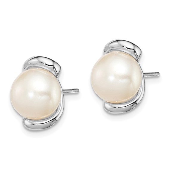 Sterling Silver Rhodium-plated 8-9mm White Button Freshwater Cultured Pearl Post Earrings