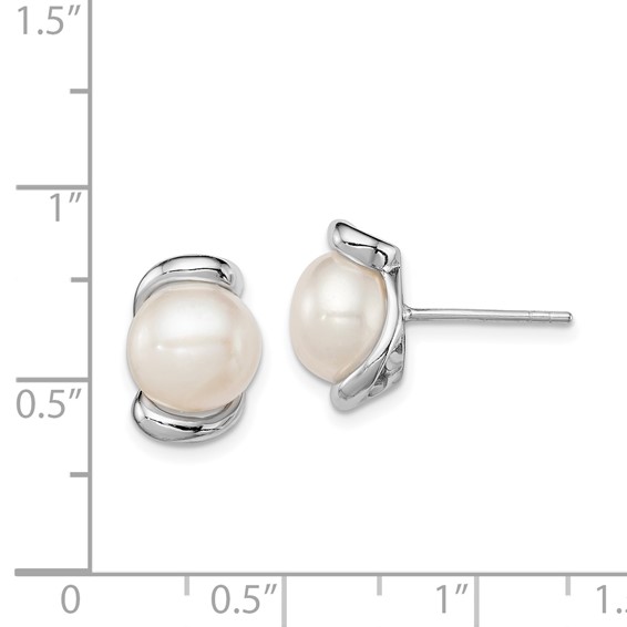 Sterling Silver Rhodium-plated 8-9mm White Button Freshwater Cultured Pearl Post Earrings